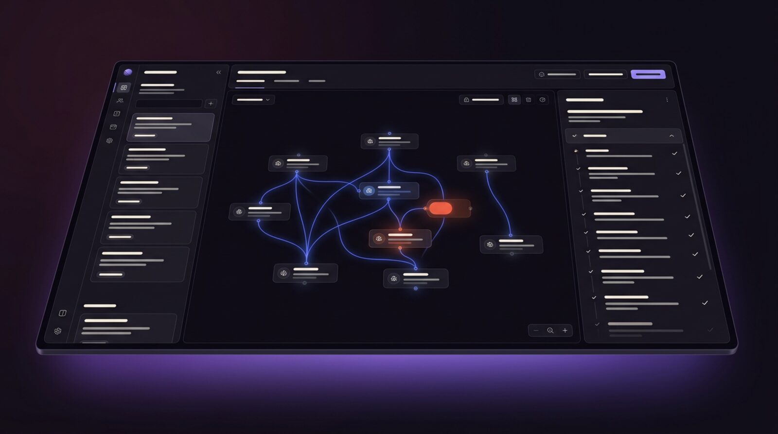 An agent orchestration console showing agents, tasks and tool calls